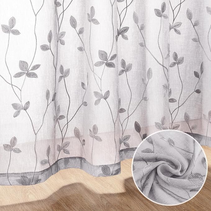 HOMEIDEAS Light Grey Sheer Curtains W52 x L96, Embroidered Vine Leaf | 2 Panels - Image 7