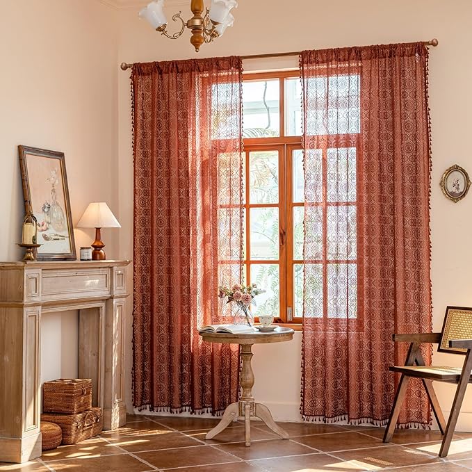YJ YANJUN Boho Lace Sheer Curtains, Burnt Orange Terracotta, 59x108 inches | 2 by YJYANJUN