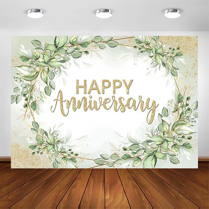Happy Anniversary Backdrop Sage Green Leaves Anniversary Banner Wedding Party by AVEZANO