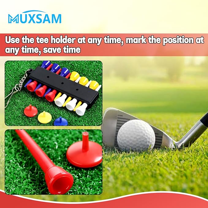MUXSAM Black Golf Tee Holder for Bag, 1-Pack Golf Tee Carrier with 12 Tee Hole 3 Ball Markers Holes Keychain Golf Accessory