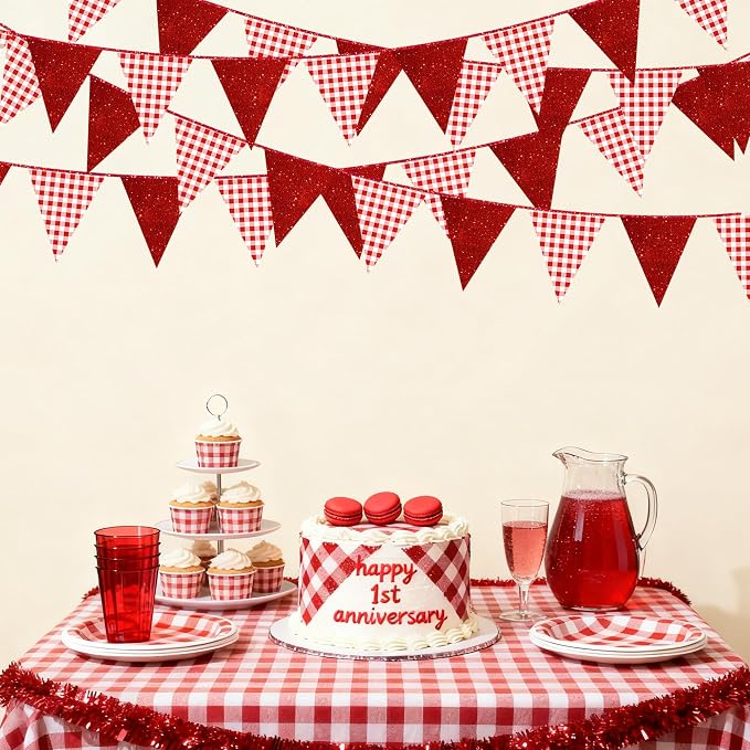 Red Buffalo Plaid Party Decorations Pennant Banner Flag Hanging Red Glitter - Image 8