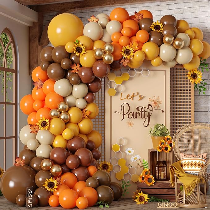Fall Sunflower Balloon Arch 152pcs Brown Mustard Yellow Sand White Balloons by GIHOO
