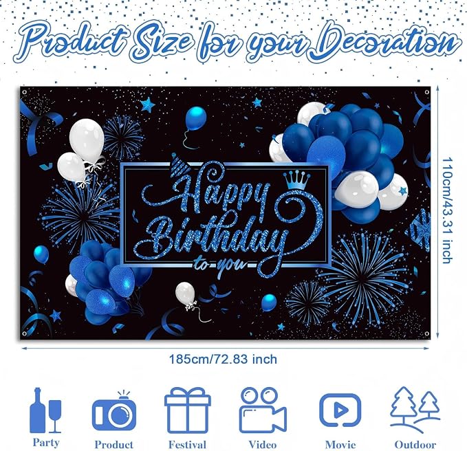 Blulu Happy Birthday Backdrop Banner Sign Poster Large Fabric Glitter Balloon - Image 2