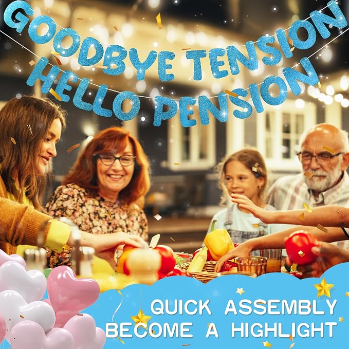 Retirement Banner Pre-Strung GOODBYE TENSION HELLO PENSION Banner Glitter - Image 7