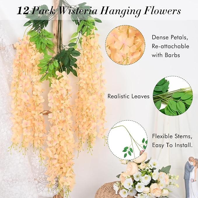 12 Pack Wisteria Hanging Flowers, 3.6 Feet Champagne Wisteria Artificial Flowers - Image 2