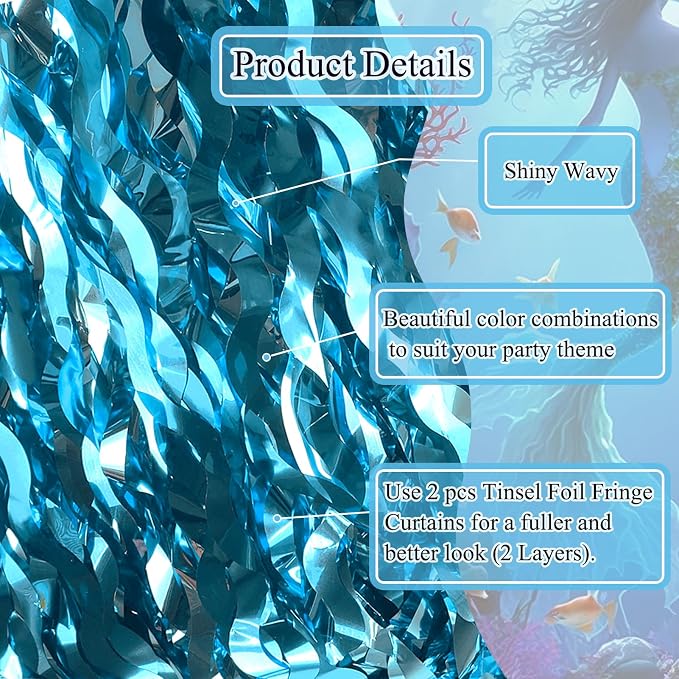 2 pcs Blue Wavy Tinsel Curtains, Under The Sea Party Decorations | Unique Shiny - Image 3