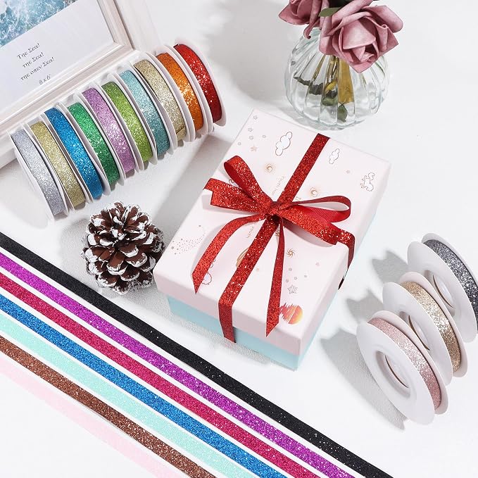 Brown Metallic Glitter Ribbon for Gift Wrapping 3/8in x 10Yds | Cheer Sparkle - Image 4