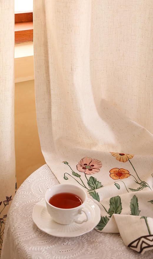 Designer French Linen Printed Curtain, 2 Panels, Light Beige Decor Draps - Image 9