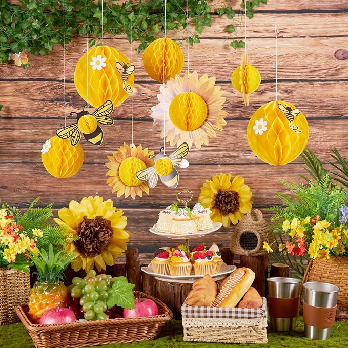 SUNBEAUTY Sunflower Party Decorations 3D Bee Honeycomb Hanging Decor Yellow - Image 8