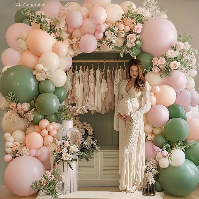 Pink Green White Sand Balloons Arch Kit, Party Decor | Sage Green, Pastel Pink - Image 7
