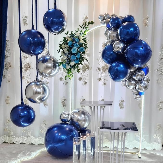 9 Pcs Blue Silver Round Foil Balloons Dark Navy Blue Metallic Silver Chrome 4D - Image 5