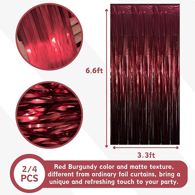 Matte Burgundy Foil Fringe Tinsel Backdrop, 2 Pack, 3.3 x 6.6 Ft | Matte Maroon - Image 3