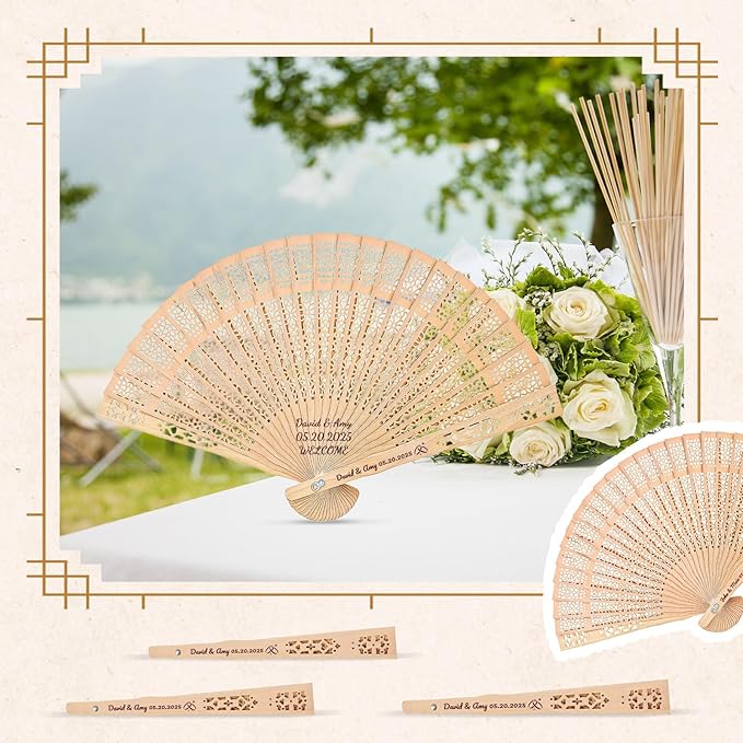 150pcs Personalized Wedding Fans for Guests - Custom Wooden Hand Fans with Names/Dates - Bulk Wedding Favors for Bridal Shower, Baby Shower & Parties (Wood, 150pcs)