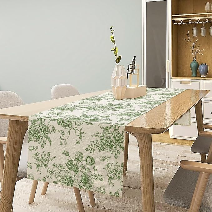 Vintage Flower Table Runner, Wildfloral Green Floral Sketch Pattern Print Table Runner for Kitchen Dinning Table Runner Decor Home Wedding Party Holiday, 13x108 Inch