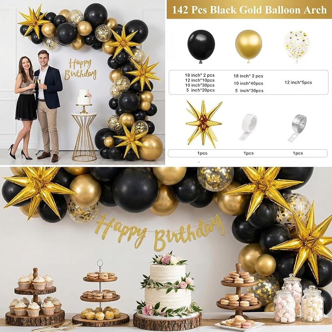 Black and Gold Balloon Garland Arch Kit 142pcs, Mixed Size Metallic Latex - Image 4