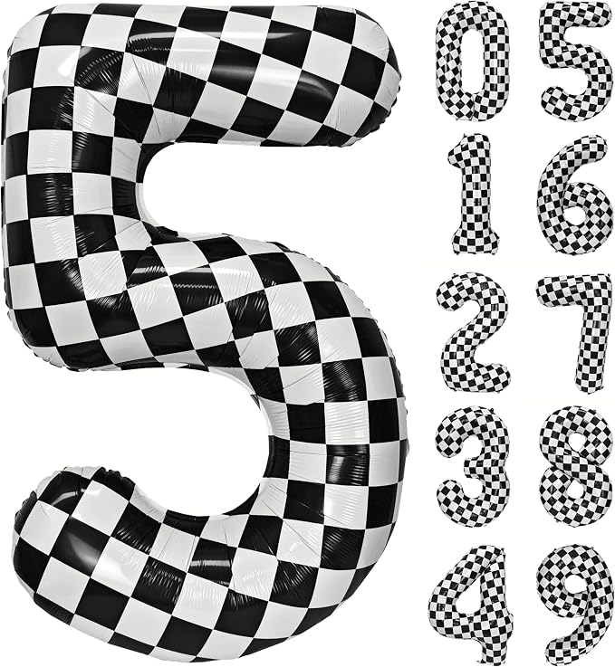 40In Black White Checkered Number 5 Balloon Race Car Digital Foil 5 Balloon | by YOIOZAIZAI