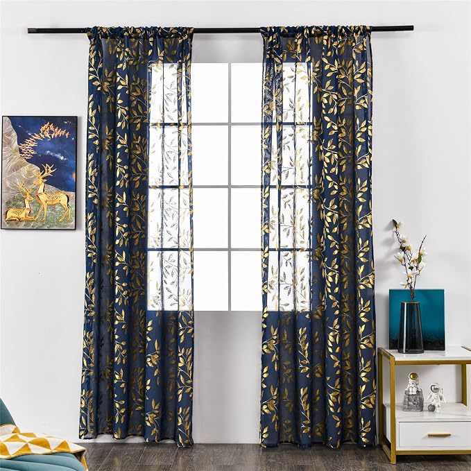 Sutuo Home Navy Blue Sheer Curtains 96 Inches Long 2 Panels Set, Privacy Window - Image 2