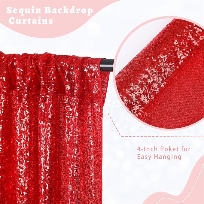 Red Sequin Curtains Backdrop 6 Pcs 2FTx8FT Shiny Shimmer Fabric | Glitter - Image 5