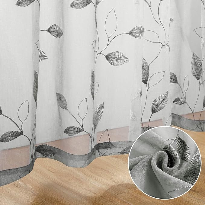 HOMEIDEAS Grey/Gray Sheer Kitchen Curtains 52 x 45 Inch Length 2 Panels - Image 6