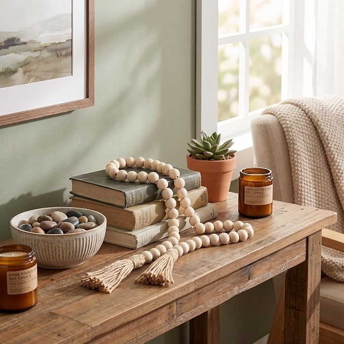 Wood Beads Garland with Tassels 33.86" | Table Beads Natural Prayer Bead Rustic - Image 4