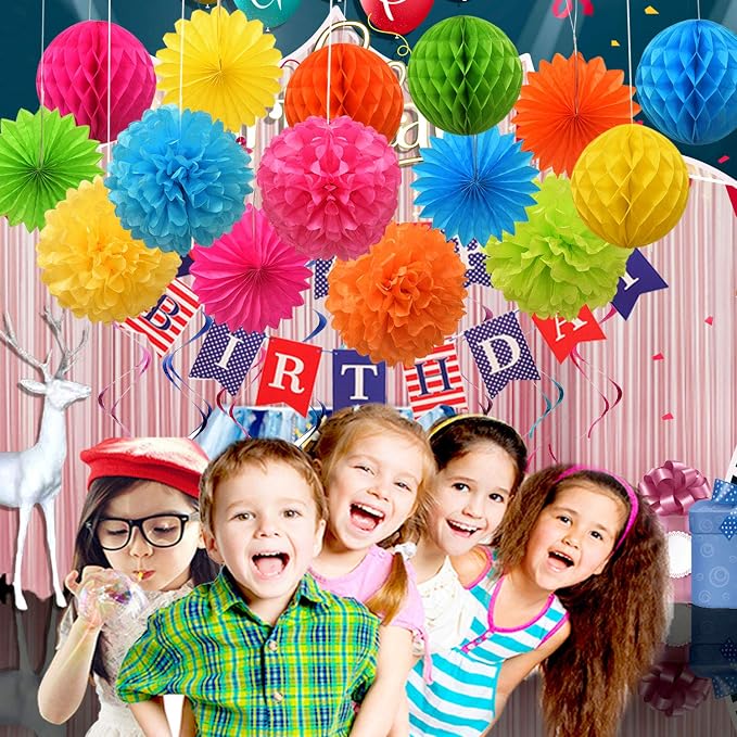 Colorful Paper Party Decorations, Tissue Paper Flower&Party Pom Poms wth Swirl - Image 7