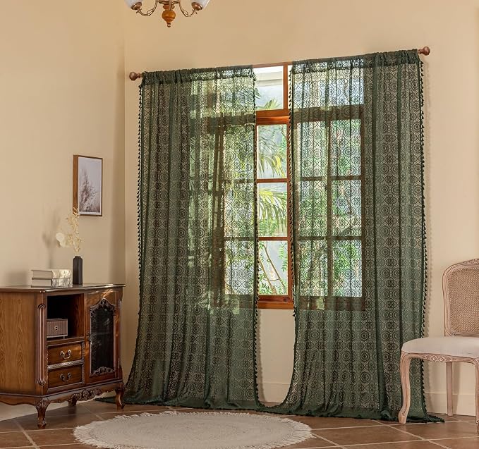 YJ YANJUN Boho Lace Curtains, Dark Green, 2 Panels | Vintage Floral Crochet - Image 2