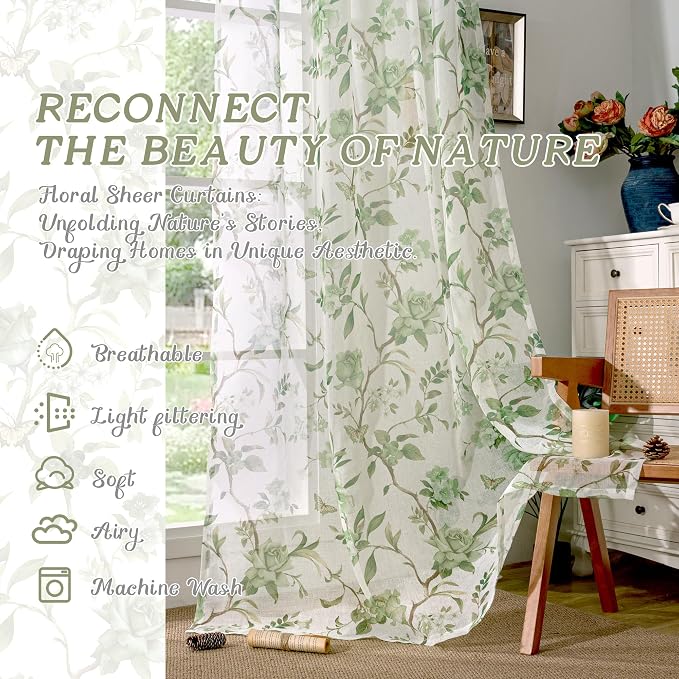 Sage Green Curtains for Bedroom Sheer, Spring Leaf Vines Patterned Farmhouse - Image 2
