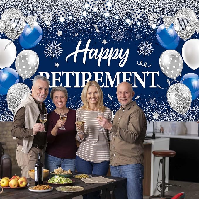 Blue Silver Happy Retirement Banner Large Retirement Party Banner Backdrop - Image 4