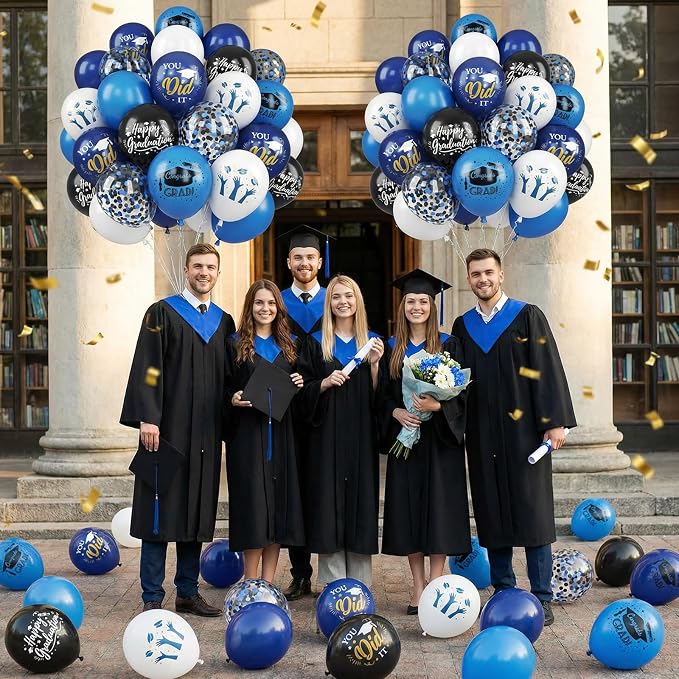Blue Black White Graduation Balloons, 12 Inch Dark Navy Blue Black Confetti - Image 7