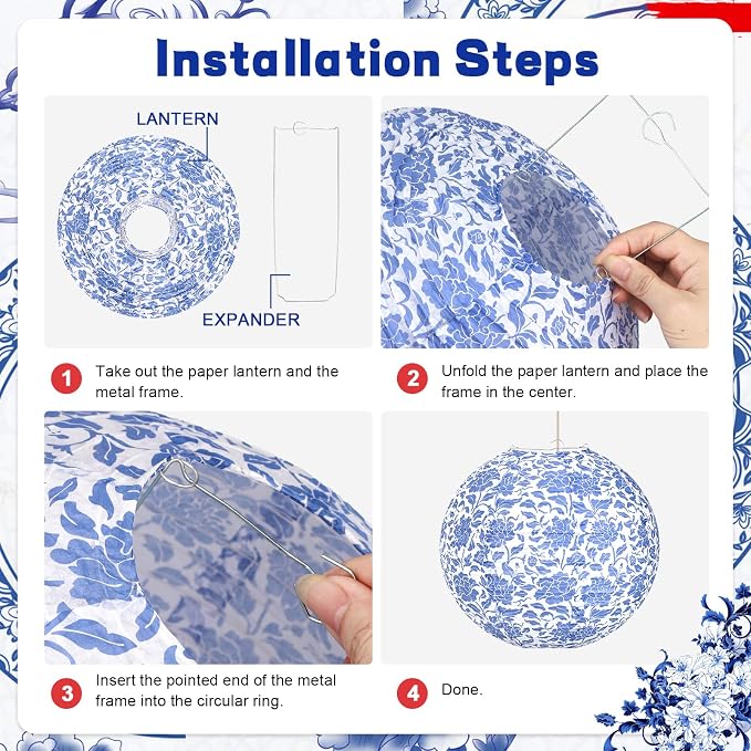12 Inches Chinoiserie Paper Lantern Celehappy 10pcs Blue and White Porcelain - Image 3