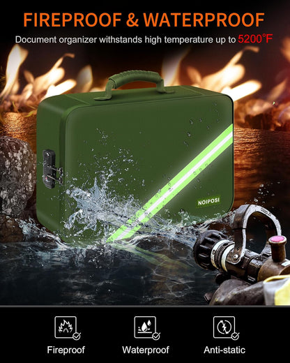 Noiposi Document Organizer with 5200℉ Heat Insulated,16.1"x11.4"x4.3" Waterproof and Fireproof Document Box,Portable Home Travel Safe Storage Box for Important Documents and File,Green