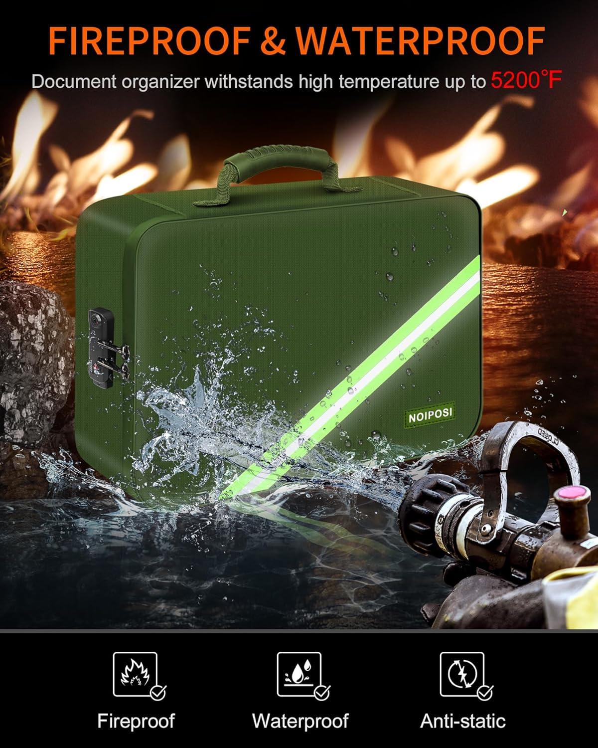 Noiposi Important Document Organizer, Waterproof and Fireproof Document Box with 7 Pockets File Folder,Portable Home Fire Safe Storage Box Case with Lock for Documents,File and Card,Green