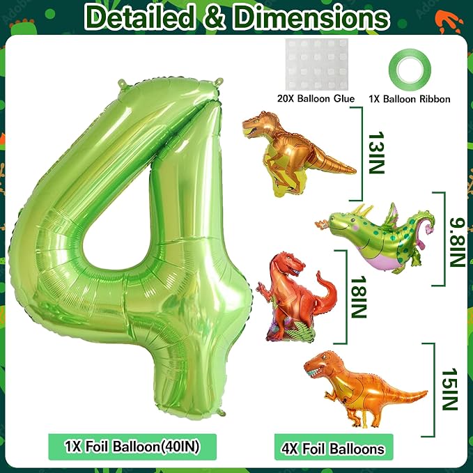 Dinosaur 4th Birthday Decorations 40 Inch Giant Green Number 4 Foil Balloon | - Image 2