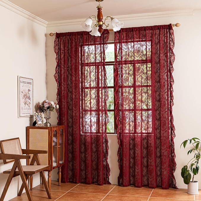 Deeprove Sheer Lace Curtains Burgundy Red 96 Inches Length - Image 7