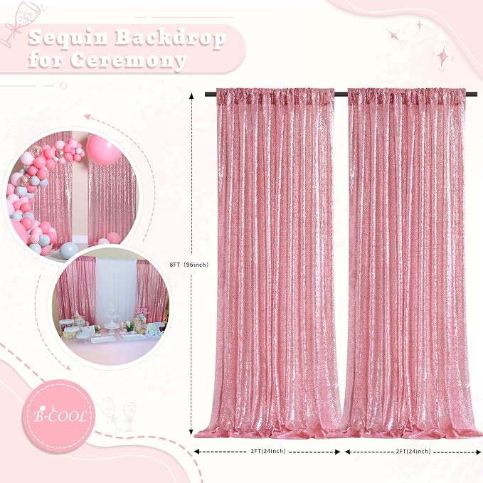 Pink Sequin Backdrop Curtains Party Photo Glitter Drapes 2 Pcs 2FTx8FT | - Image 5