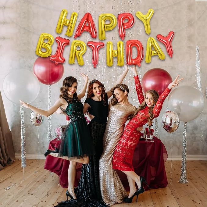TONIFUL 16 Inch Red Gold Happy Birthday Balloons Banner Decor - Image 4
