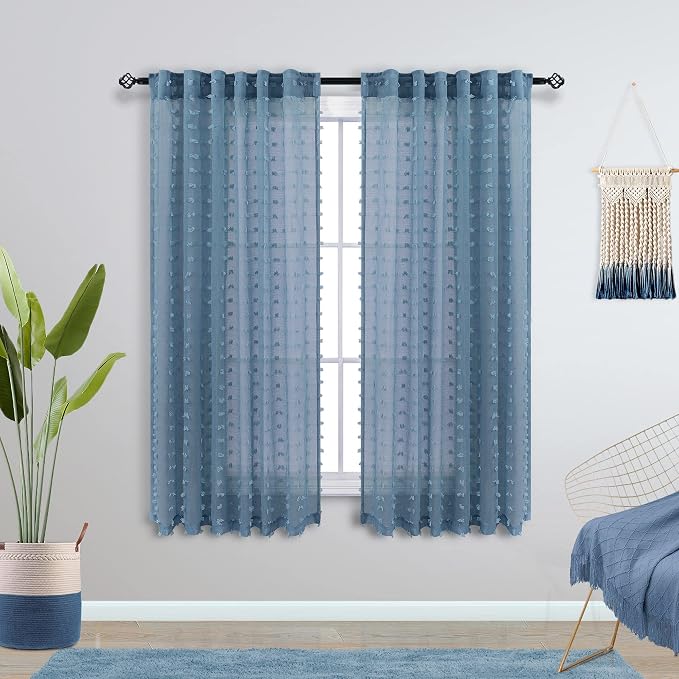 KOUFALL Vintage Blue Curtans for Kitchen Window 45 Inch Length 2 Panels Set - Image 2