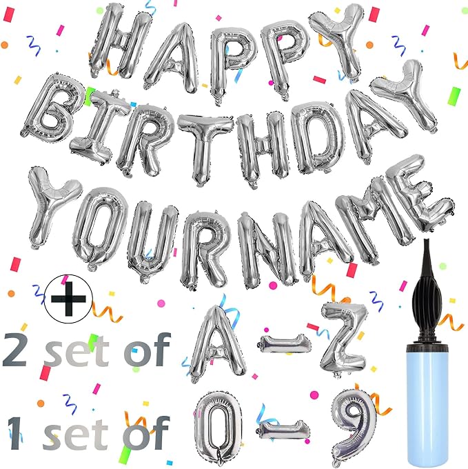 Silver Happy Birthday Balloon Banner Set -16" Foil Letters Balloons | 76pcs by Awfrky-AllforYou