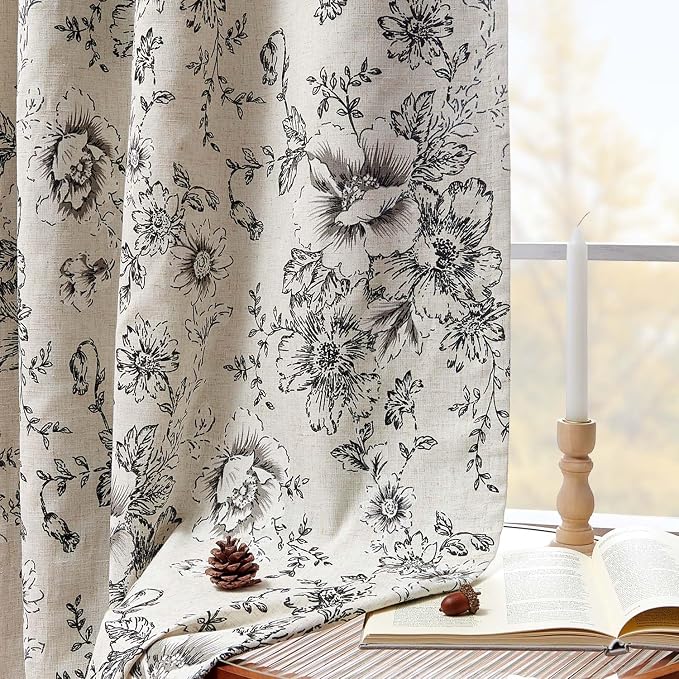 jinchan Black Floral Linen Blackout Curtains 72 Inch Back Tab 2 Panels | - Image 3