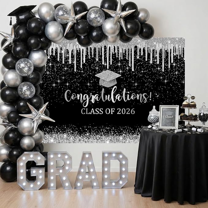Mocsicka 10x7ft Class of 2026 Graduation Backdrop Black and Sliver Glitter 2026 - Image 3