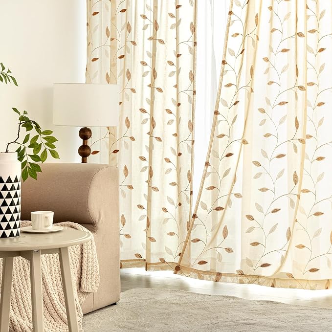MIULEE Beige Sheer Curtains 2 Panels Embroidered Leaf Patterned, W52 x L84 | - Image 3