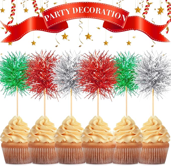 Chinco 100 Pcs Foil Firework Cupcake Toppers Sparkle Tinsel Cake Toppers Cake - Image 2