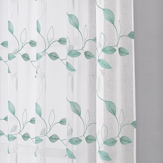 Tollpiz Teal Blue Leaf Sheer Curtain Leaves Embroidered Bedroom Curtains Rod - Image 8