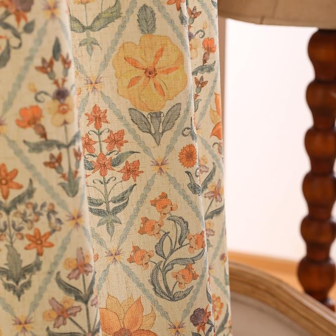 Designer French Linen Printed Curtains, 2 Panels, Floral Pattern Draps by Isaennehomedecoration