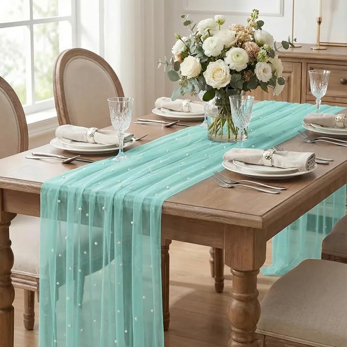 Artoid Mode Pearl Turquoise Gauze Table Runner 120 Inch 10FT, Seasonal Sheer - Image 5