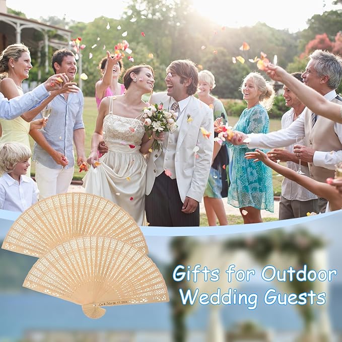100Pcs Wedding Fans Personalized Folding Hand Fans Custom Sandalwood Wedding Fans with Organza Bags Wedding Party Favor Wedding Fans for Guests (30)
