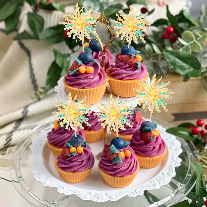 Gyufise 20Pcs Foil Firework Cupcake Toppers Happy Birthday Cake Toppers Tinsel - Image 7