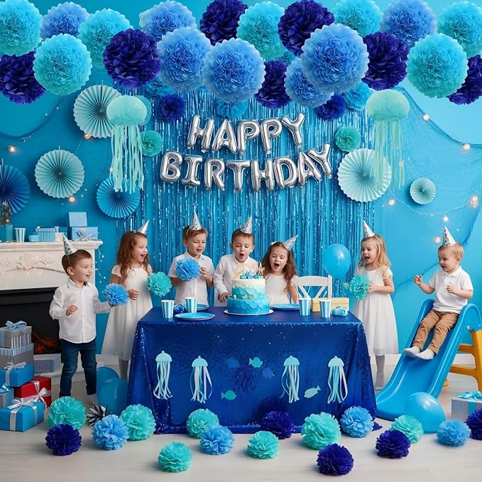 12Pcs Blue Hanging Tissue Paper Pom Poms, Pompoms Flowers - Image 2