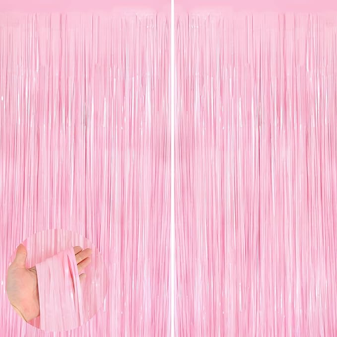 2Pack Pastel Pink Metallic Tinsel Foil Fringe Curtains, 3.3 X 8.3ft Pink Party by UWPVOWSR