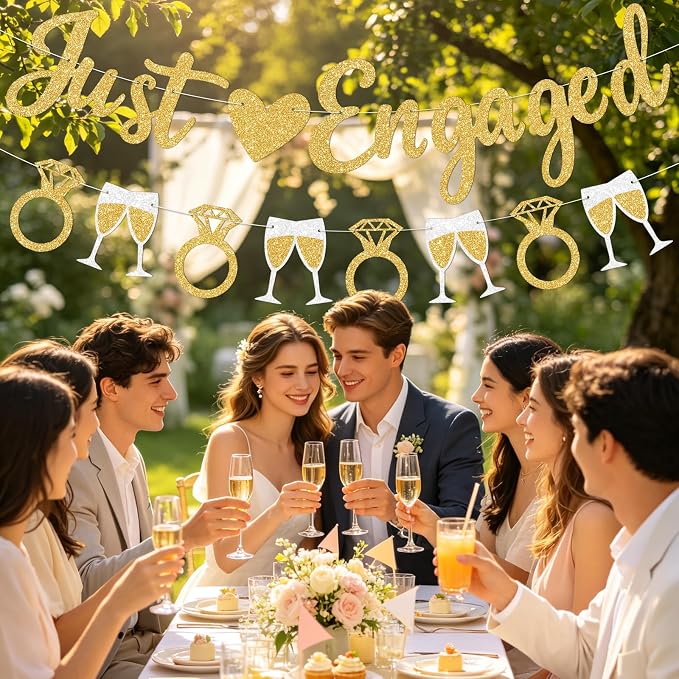 Gold Just Engaged Banner Prestrung Engagement Party Decorations Happy - Image 7